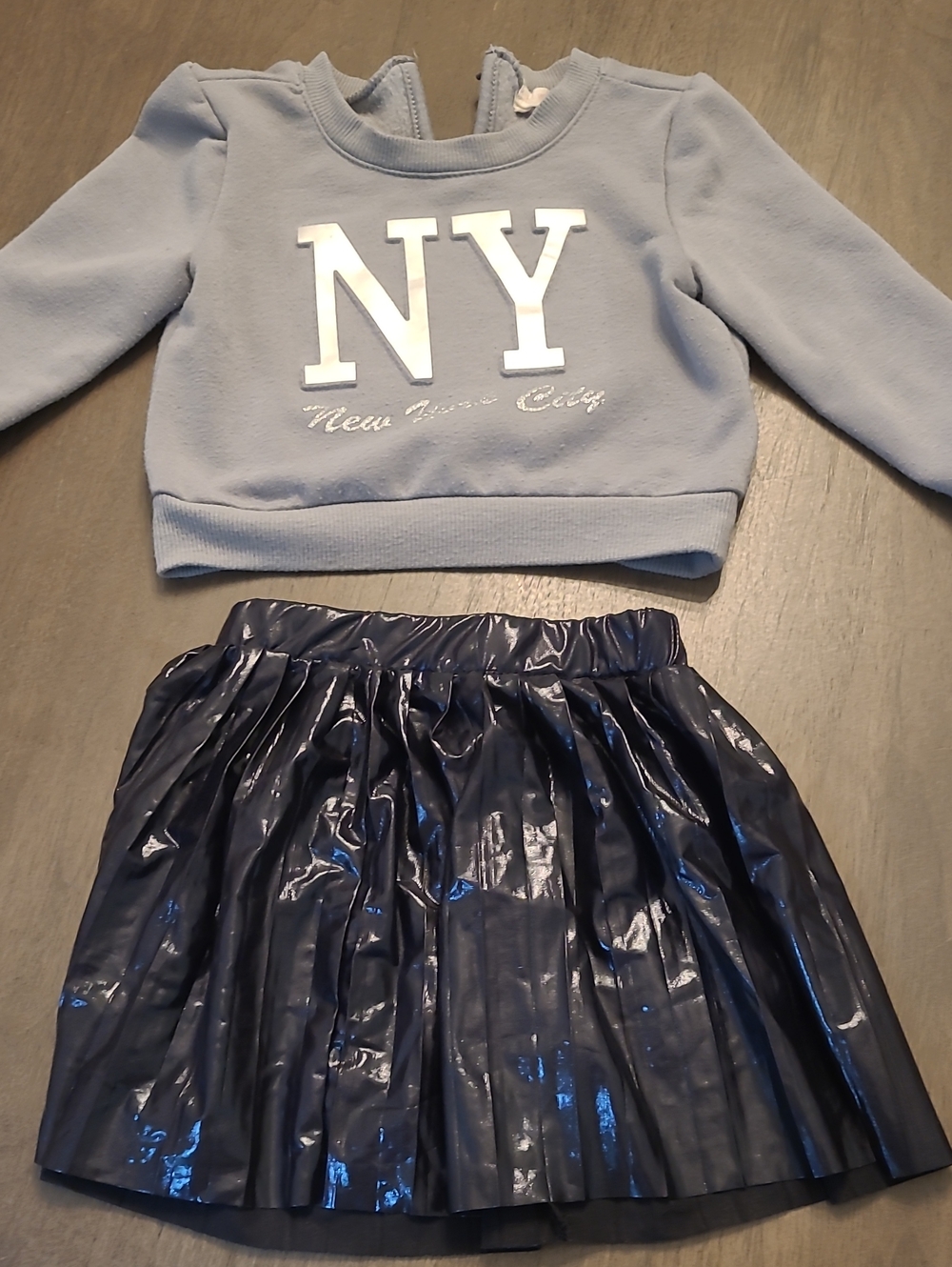 Girls Black Patent Pleated Skirt - Grey NY Sweatshirt